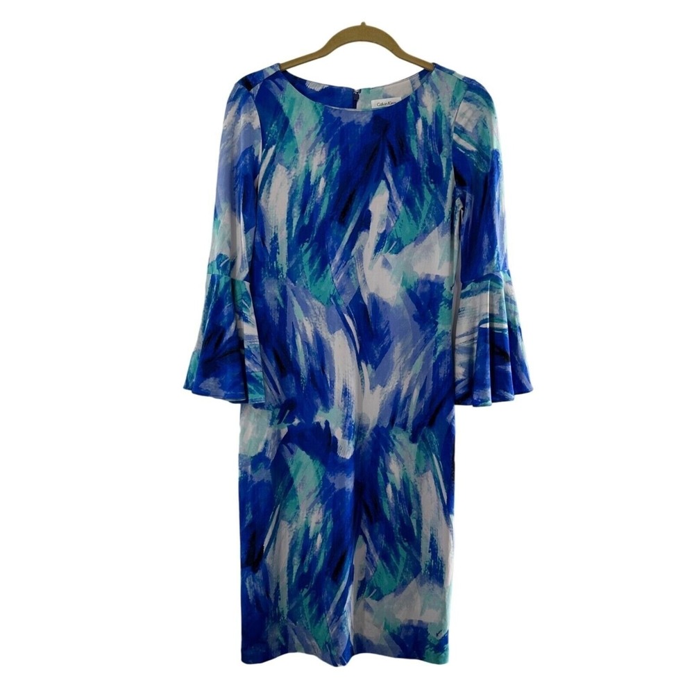 Calvin Klein Abstract Print Bell Sleeve Midi Dress Size‎ 2 Blue/Green Watercolor
